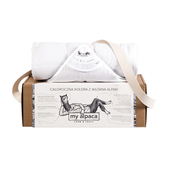 Kołdra z wełny alpaki My Alpaca Całoroczna biała lamówka (100% wełna, 100% satyna bawełniana)