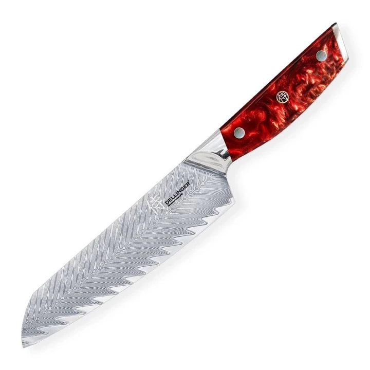 Nóż ze stali damasceńskiej Dellinger Resin Future Santoku 170 mm Red